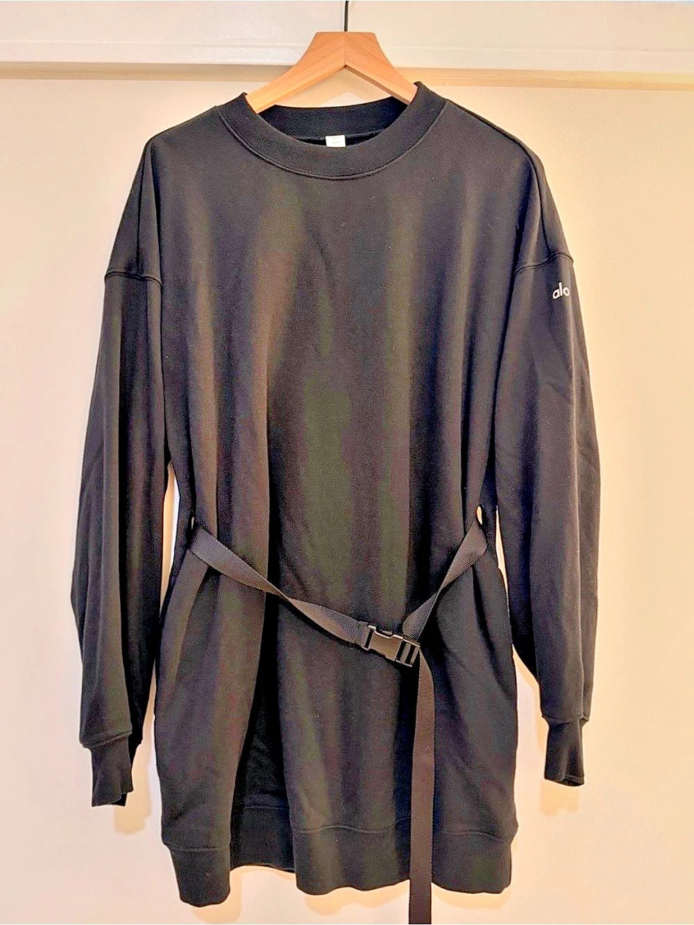 alo Mini Long Sleeve Belted Dress in Black Size Medium